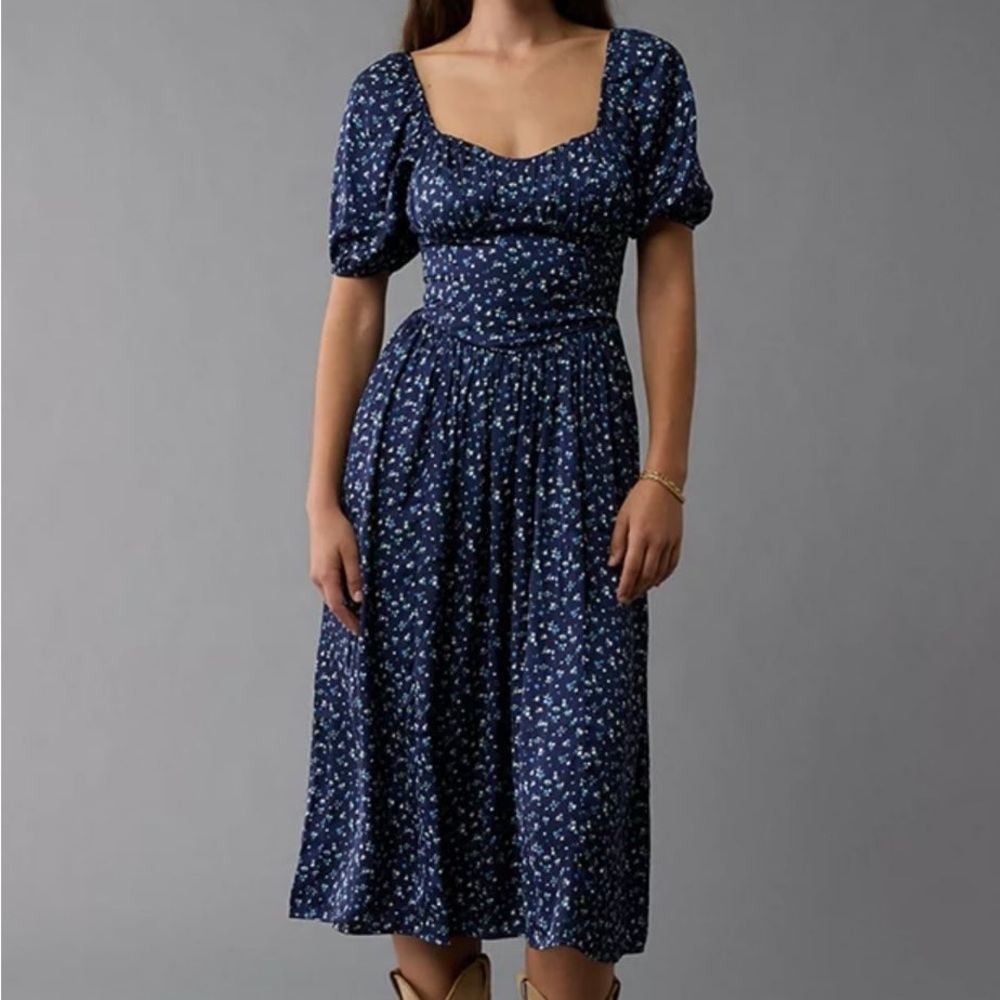 American Eagle Satin Blue Floral Open Back Midi Dress